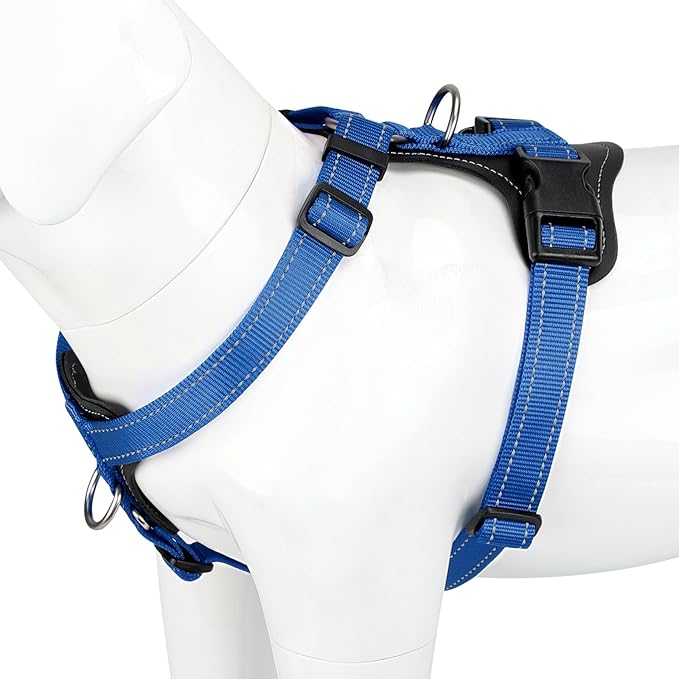 Plutus Pet Adjustable No Pull Dog Harness with Leather Accents, Heavy Duty Reflective Nylon Vest for Training, Hiking, Easy Walk Harness for Small, Medium, Large Dogs (Royal Blue, L)