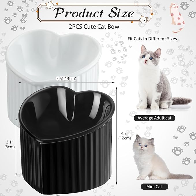 Mumufy 2 Pcs Ceramic Elevated Cat Bowls Tilted Elevated Raised Pet Bowls Anti Vomit Cat Dish for Indoor Stress Free Water Dish Feeder for Puppies, Heart Shaped(Pearly White, Black)
