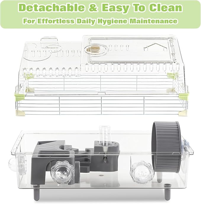 Hamster Cage Starter Kit 22″Lx12″Wx15″H with Combination of Bathtub & Food Bowl & Steps, φ6″ Exercise Wheel, Water Bottle, Sunroof, Lockable Door, Transparent/Gray