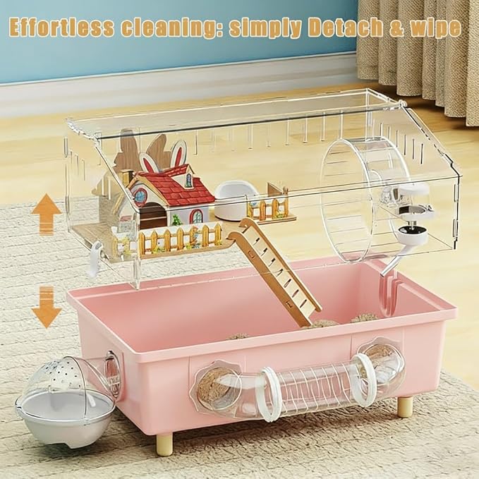 Pink Acrylic Hamster Cage - 18" Small Animal Home with 180° View, Extra Deep 5.5" Base, 8" Silent Wheel & Expansion Ports - for Dwarf Hamsters, Gerbils, Mice