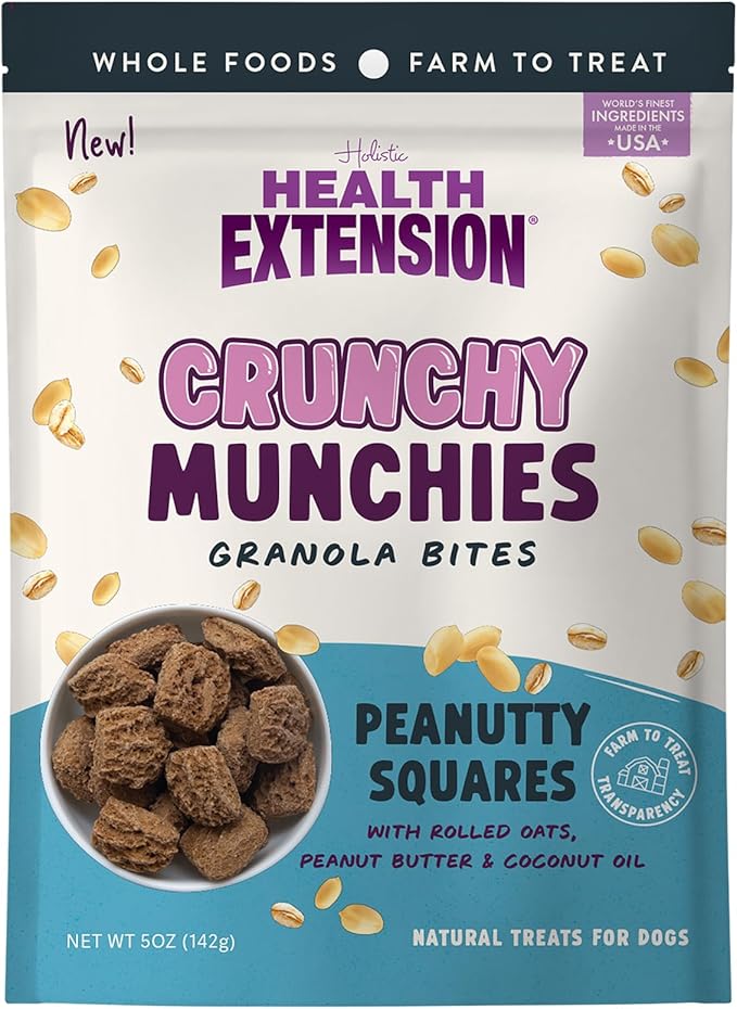 Health Extension Crunchy Munchies Granola Bites Peanutty Squares Flavor, Natural Limited Ingredient Dog Treats with Rolled Oats & Coconut Oil, Made in The USA (5oz Bag)