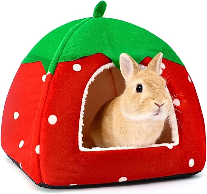 Rabbit Hideout, Washable Bunny Bed with Removable Pee Pad, Plush Indoor Rabbit House, Adorable Strawberry Design Small Animal Hideaway for Guinea Pig, Red
