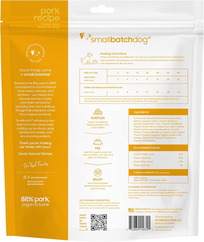 smallbatch Pets Freeze Dried Raw Dog Food, Pork Recipe, 14 oz, Organic High Protein Dog Food, Grain Free, Made in The USA, Humanely Raised Meat, Single Protein, for Picky Eaters, Hydrate & Serve