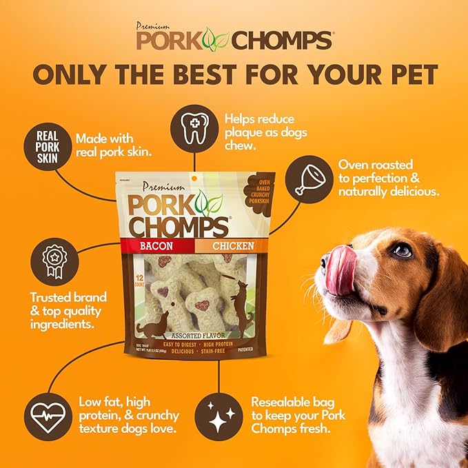 Pork Chomps Dog Chews, 4-inch Crunchy Bones, Bacon and Chicken Flavor, 12 Count