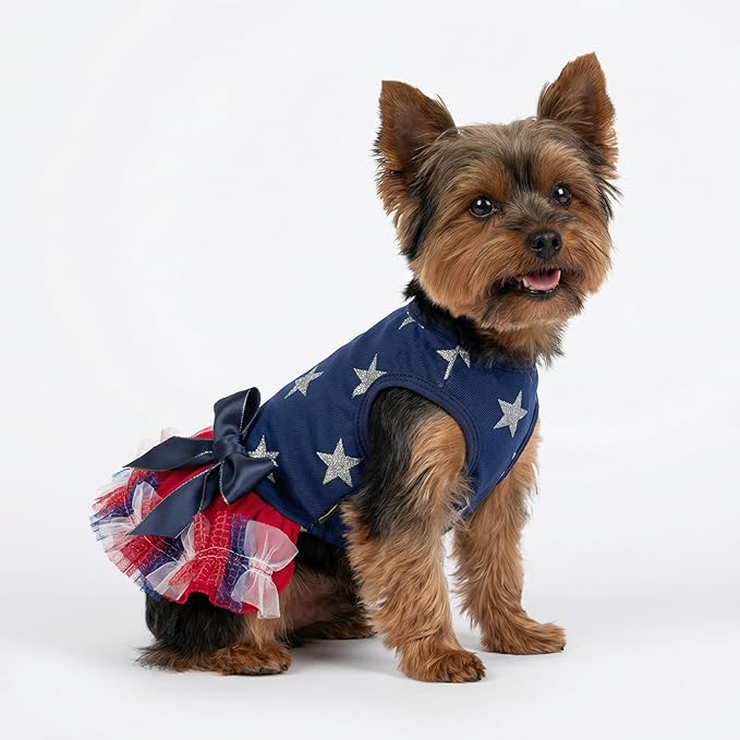 Fitwarm Patriotic Sparkly Stars Dog Dress, 4th of July Clothes for Small Dogs Girl, Pet Outfit, Royal Blue, Red, Silver, Small