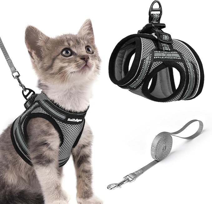 rabbitgoo Cat Harness and Leash Set for Walking Escape Proof, Adjustable Soft Kittens Vest with Reflective Strip for Cats, Comfortable Outdoor Vest, Grey, S