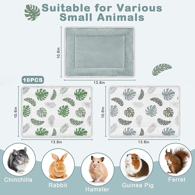Glittme 10Pcs Bunny Bed Rabbit Bed for Indoor Cage Soft Guinea Pig Bed Fleece Mat Pad Warm Small Animal Bedding Accessories for Hamster Ferret Washable Non-Slip Rabbit Hide House Liner