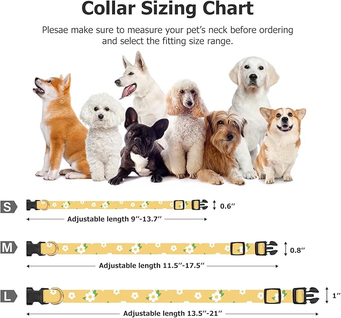 Cotton Handmade Dog Collar Cute and Distinctive Patterns Yellow Flower with Pendant for Girl Boy Dogs Collars M