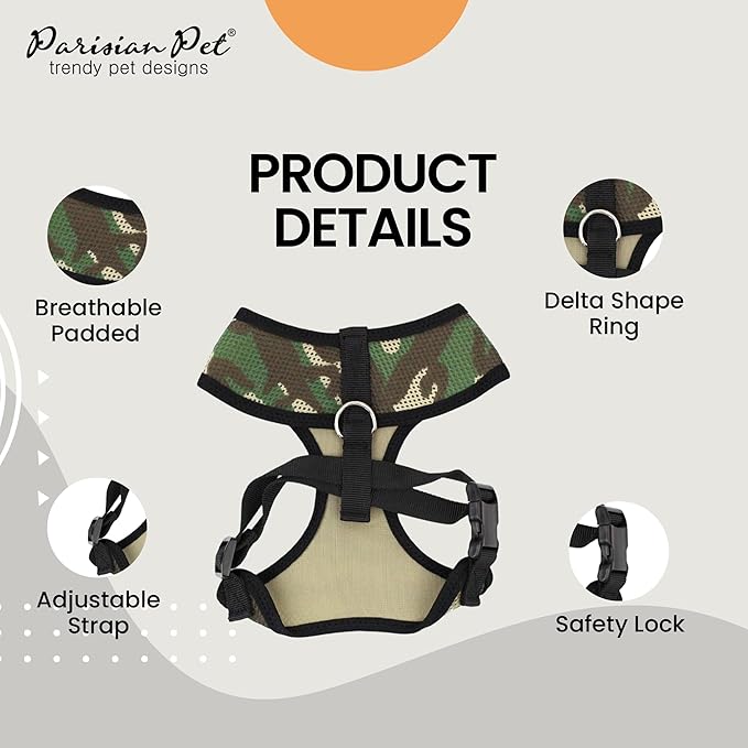 Parisian Pet Camo Dog Harness - Breathable Mesh No Pull Puppy Harness with Leash Ring - Adjustable Harnesses for Dogs - Soft Padded Step-in Pet Vest - Lightweight Dog Vests for Medium Sized Dogs