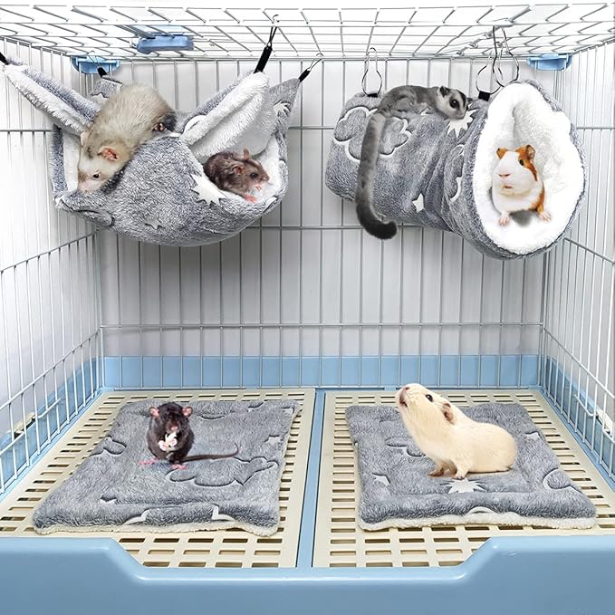 LEFTSTARER Noctilucent Luminous Guinea Pig Rat Hammock Bunkbed Hanging Tunnel and Soft Bed Mat for Ferret Hedgehog Squirrel Hideout Cage Accessories (3.Bunkbed Hammock and Mat)