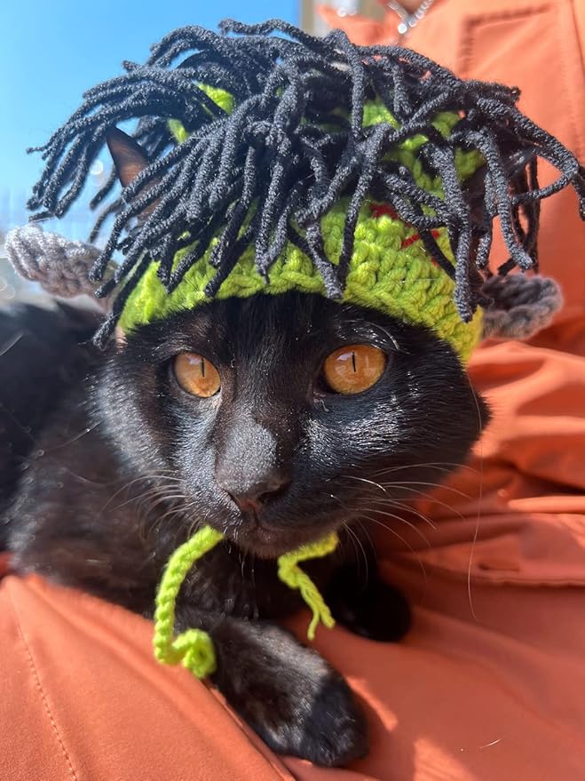 Cat Knitted Hat with Dreadlocks - Pet Woolen Cap Cool Wigs Cosplay Headwear for Sphinx Kitten Puppy Halloween Costume Party Accessories Christmas Birthday S (3.3 lbs - 6.6lbs), Green