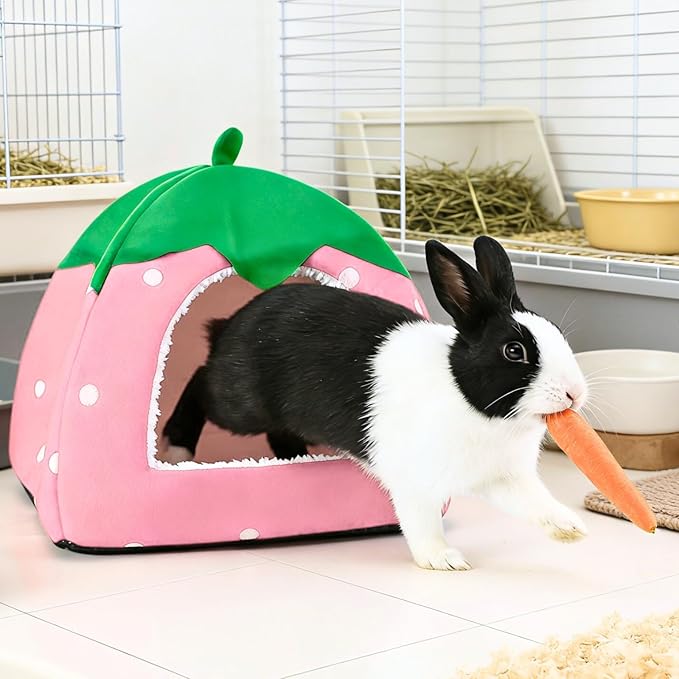 Rabbit Hideout, Washable Bunny Bed with Removable Pee Pad, Plush Indoor Rabbit House, Adorable Strawberry Design Small Animal Hideaway for Guinea Pig, Pink