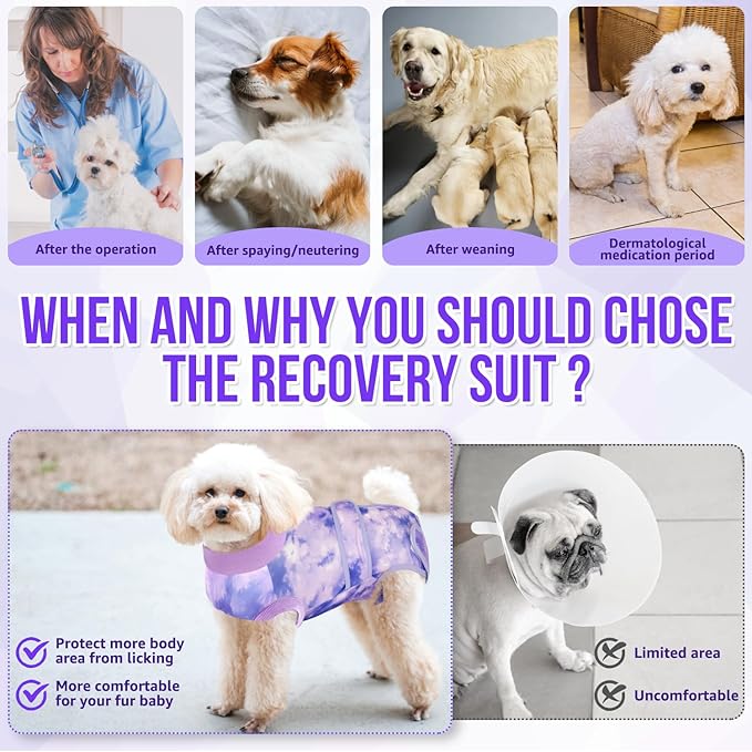 SlowTon Dog Surgery Recovery Suit - Zipper On Dog Onesies After Surgery for Female Male Dogs, Abdominal Wounds Bandages Cone/E-Collar Alternative Surgical Body Suit Anti-Licking (Purple, S)
