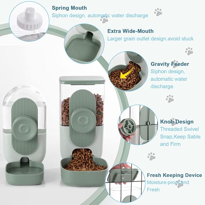 Lemtrflo Hanging Automatic Food and Water Dispenser, Gravity Rabbit Feeder Set, Cage Cat and Bunny Food Bowl (Cage Grid Spacing Over 1.2'')