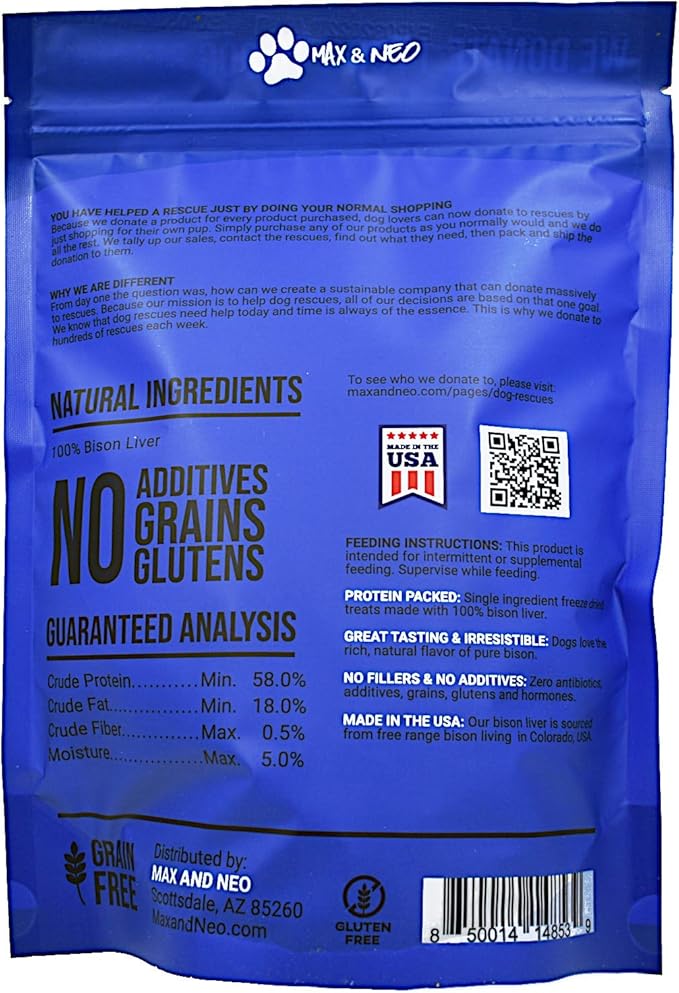 Max and Neo Freeze Dried Bison Liver Dog Treats - Single Ingredient, Free Range North American Bison, Human Grade - We Donate 1 for 1 to Dog Rescues for Every Product Sold
