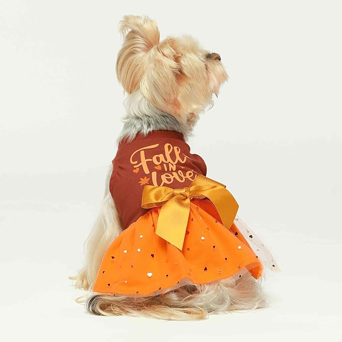 Fitwarm Thanksgiving Fall in Love Dog Dress, Sparkly Dog Clothes for Small Dogs Girl, Holiday Pet Tutu Dress, Cat Outfit, Brown, Orange, XXS