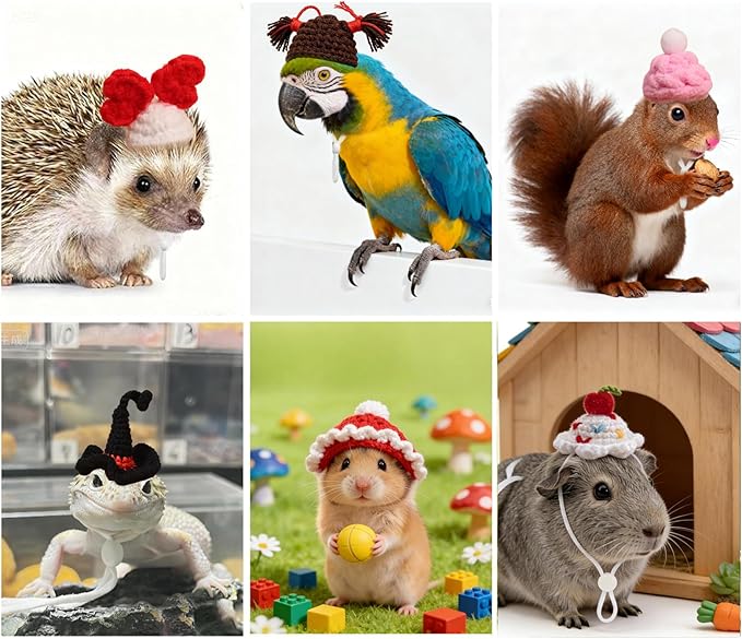 Hamster Hats Mini Party Hats for Small Animals, 6 Pcs Cute Hand Knitted Tiny Hats for Guinea Pig Snakes Lizards Bearded Dragon Bunny Reptile Pets Clothes Valentine's Day Party Costume Accessories