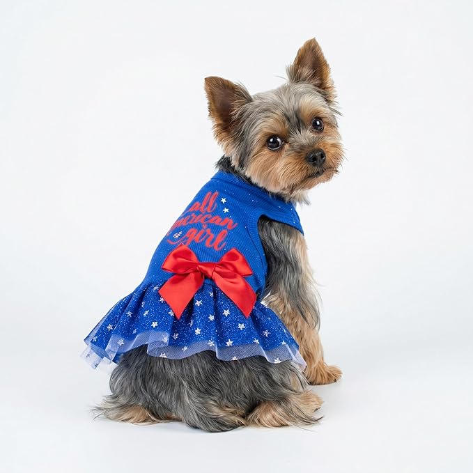 Fitwarm All American Girl Dog Dress, 4th of July Clothes for Small Dogs, Patriotic Tulle Dress, Pet Outfit, Royal Blue, Red, White, Large