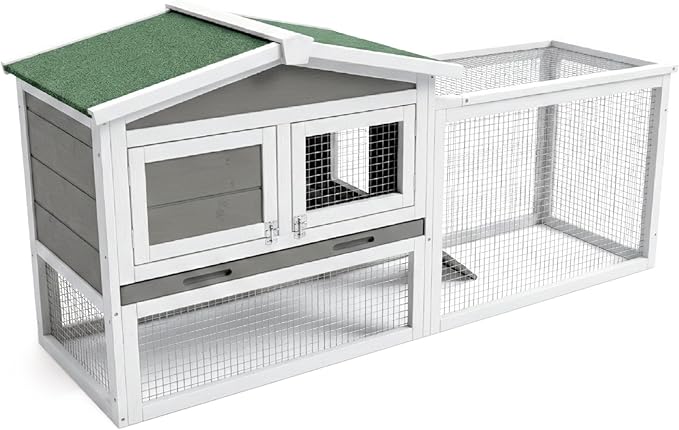 Garvee Wooden Rabbit Hutch Indoor and Outdoor, Rabbit Cage with Removable Wire Netting and Leak Proof Tray, Weatherproof Bunny Cage with Anti-Chew Metal Frame Ramp for Small Animals Grey