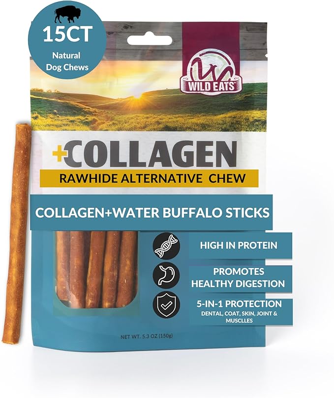 Wild Eats Water Buffalo Collagen Sticks for Dogs (15 Pack, 1 cm Wide) Long Lasting Dog Chews, No Hide Dog Treat Bully Stick Alternative, Rawhide Free, Grain Free, High Protein