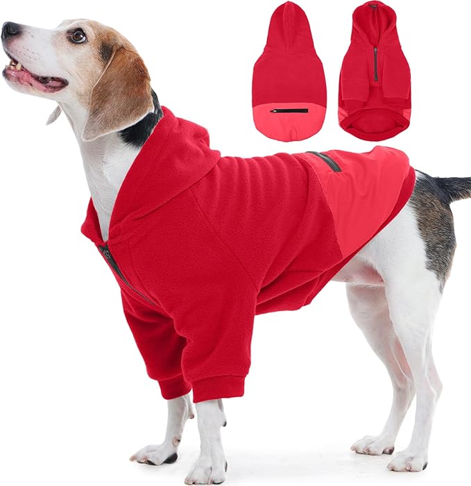 Nanaki Large Dog Hoodie with Pocket- Long Sleeves Fleece Sweater Adjustable Half-Zipperd Collar- Comfort Stretchy Dog Sweatshirt Hooded for Beagle, Warm Pullover Jacket Fall Winter Coat Red, L