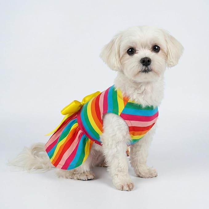 Fitwarm Rainbow Striped Dog Dress, Summer Dog Clothes for Small Dogs Girl, Pet Cat Outfit, 100% Breathable Cotton, Red Yellow Blue, Small
