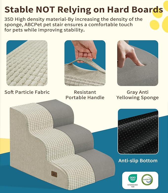 ABCPET Dog Stairs for Small Dogs, 15.7" H Dog Steps for Bed 35D Strong Support Foam Stairs for High Bed or Couch Sofa Non-Slip Balanced Pet Steps Indoor, Beige