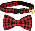 Red Black Buffalo Plaid Cat Breakaway Collar Bow Tie with Bell, Wedding/Birthday Cat Accessories