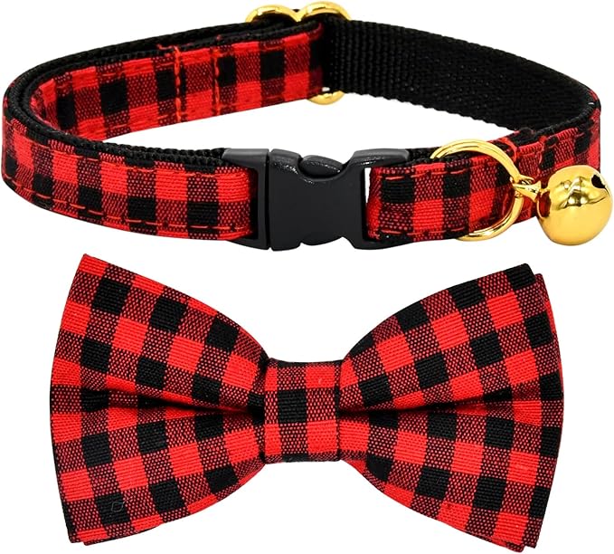 Red Black Buffalo Plaid Cat Breakaway Collar Bow Tie with Bell, Wedding/Birthday Cat Accessories