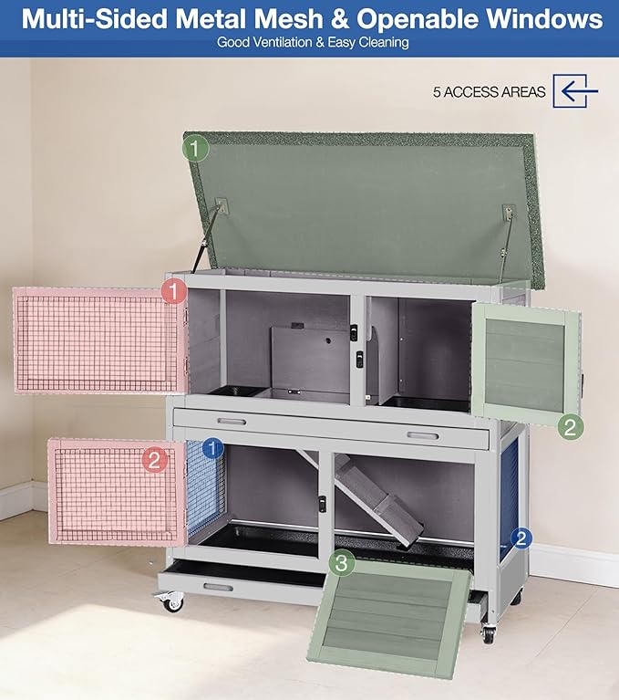 2-Story Rabbit Hutch Indoor Outdoor with Wheels, Bunny Cage with Slip-Proof Ramp, Guinea Pigs Cage with Waterproof Roof & Easy-Clean Tray, Multi-Access Doors, 36"