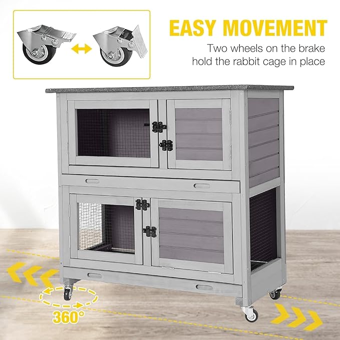 Aivituvin Rabbit Hutch Indoor Bunny Cage Outdoor 2 Story Pet House Guinea Pig Cage on Wheels 36" L