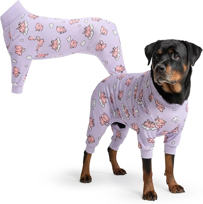 Spark Paws Dog Pajama, Dog Recovery Suit Male, Onesie, Ultra-Soft and 4-Way Stretch, for Small Medium and Large Breeds - When Pigs Fly - Purple - 5XL