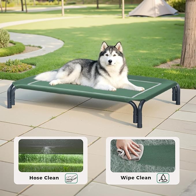 Elevated Dog Bed Raised Outdoor Dog Cot for Large Dogs, Installation Requires No Tools, Frame with Washable Cooling Breathable Mesh Anti-Slip Feet, Indoor Pet Bed, Green, 43.3 Inches