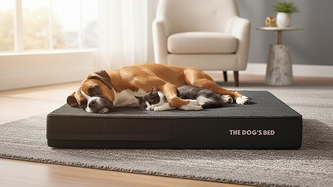 The Dog’s Bed Orthopedic Memory Foam Dog Bed for XXL Dogs, Waterproof Washable Cover, Anti-Slip Base, Calming Surface – CertiPUR-Certified Foam, Black Plush, 6 Inch Thick