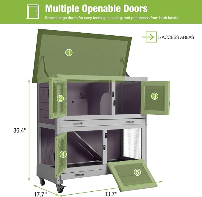 GUTINNEEN Rabbit Hutch Indoor Mobile Outdoor Bunny Cage with Openable Middle Door, Two Story Guinea Pig Cage with Wheels, 36" L x 17.7" W x 36.4" H Grey