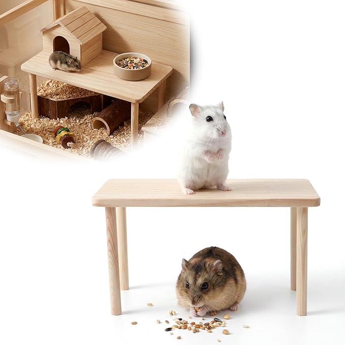 Hamster Play Wooden Platform, 5.51x4.72x4.72in Hamster Cage Platform Small Animal Wood Stand Cage Accessories for Syrian Hamsters Mice Squirrel and Other Small Pets