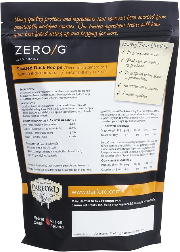 Zero G Darford Roasted Duck Dog Treats – Oven-Baked Superfood Biscuits – No Grain, Corn or Soy – Limited Ingredient, All Natural – High Protein – 36oz Bag