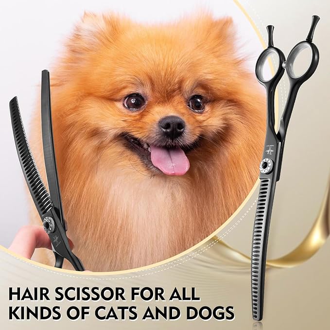 PURPLEBIRD Curved Shears Dog Grooming Chunkers, 7 inch Professional Thinning Scissors Safety Blunt Tip Trimming Scissors for Dogs Cats Face Paws Limbs Japanese Stainless Steel (Black)