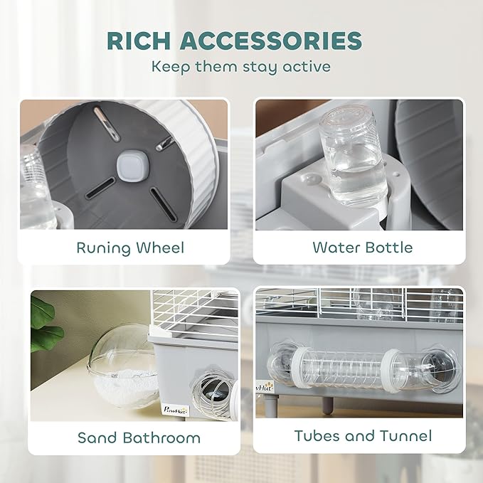PawHut 2-Tier Hamster Cage, Small Animal Cage with Running Wheel, Tubes, Sand Bathroom, Water Bottle, Hamster Habitat with Accessories, 17.5" x 11" x 17", Gray