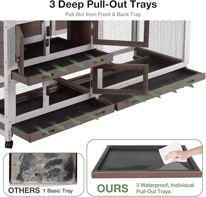 62″ 2-Story Large Rabbit Hutch with Chew-Proof Ramp, 3 Leakproof Trays, Waterproof Roof, 6 Lockable Wheels for Rabbits & Guinea Pigs (Brown)