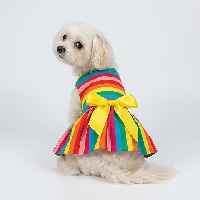 Fitwarm Rainbow Striped Dog Dress, Summer Dog Clothes for Small Dogs Girl, Pet Cat Outfit, 100% Breathable Cotton, Red Yellow Blue, Medium