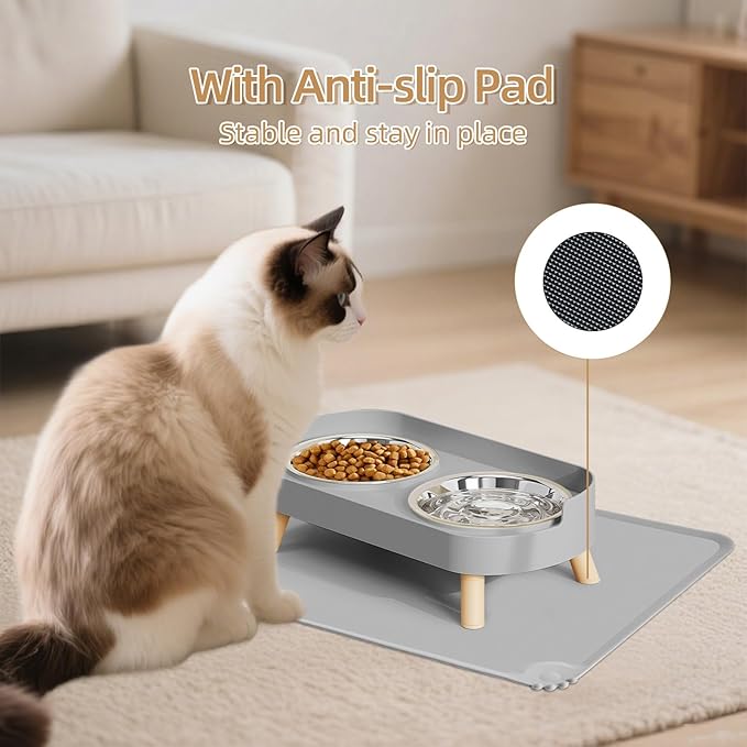 Elevated Cat Bowl with Food Mat, Raised Cat Food and Water Bowl Set for Indoor Cats, Splash Proof with 2 Stainless Steel Pet Food Bowls for Cats and Puppies,Whisker Fatigue and Dishwasher Safe (Grey)