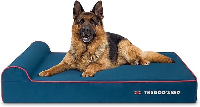 The Dog’s Bed Orthopedic Memory Foam Dog Bed with Headrest, Calming Surface – CertiPUR-Certified Foam, Oxford Fabric, Blue with Red Trim UK Flag, XL, 6-Inch