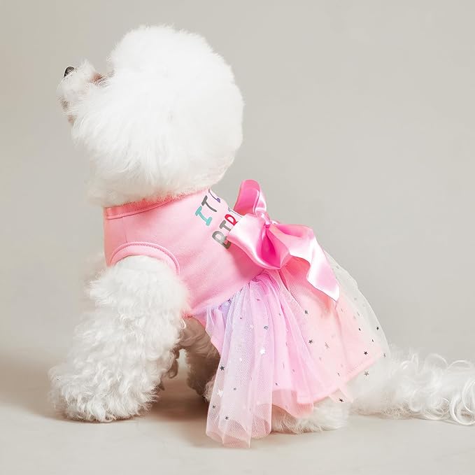 PUPTECK Print Dog Dress Pet Apparel for Birthday with Cute Bowtie Puppy Clothes Outfit, S