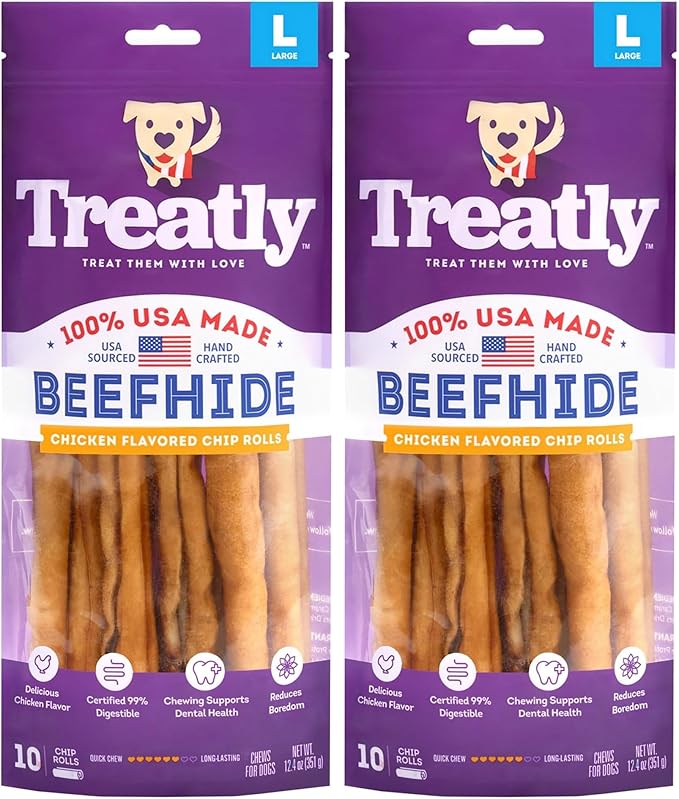USA Beefhide Chip Rolls 10-11" Dog Chew Treats - Chicken Flavor, 10 Count/2 Pack
