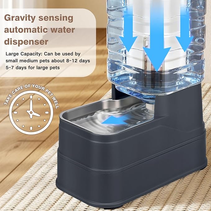 1.1 Gallon Pet Automatic Dog Water Dispenser Cat Gravity Waterer Feeder with Stainless Steel Bowl Large Capacity Puppy Feeding Raised Bowls with Filter,Ice Pack (Charcoal Gray, 4L(1.1 Gallon))