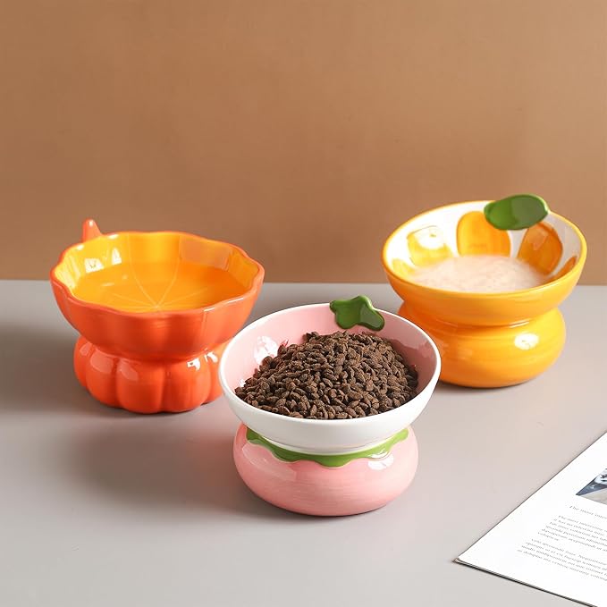 Ceramic Raised Cat Bowl - Pink Elevated Food Bowl for Indoor Cats, Anti-Vomiting & Spine Protection, Cute Tilted Dish for Flat-Faced Cats and Kittens (Strawberry Shaped)