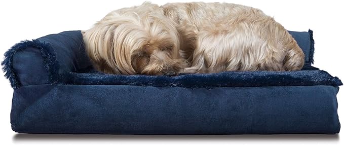 Furhaven Plush & Velvet L-Shaped Chaise Memory Foam Dog Bed - Deep Sapphire, Small
