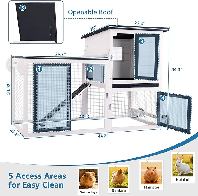 Rabbit Hutch Indoor Outdoor Bunny Cage, Weather Resistant Openable Roof, Slide Out Tray, Handle & Rolling Wheels, Chicken Coop, 48.05" L x 26.02" W x 34.3" H, White