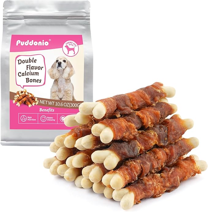 Dog Treats, Double Flavor 4 Inch Dog Chews, Chicken and Duck Wrapped Calcium Bones, Rawhide Free Snacks for Small Dogs, 10.6 oz